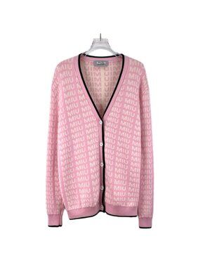 Miu Miu Pink Logo All-Over Print Wool Knit Cardigan